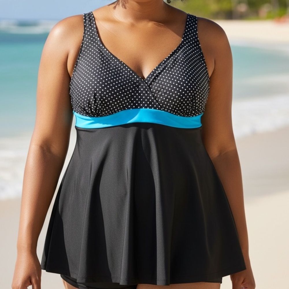 Catherines Freshwater NWT Swim Dress 28W Black Polka Dot Tummy Control Swimdress